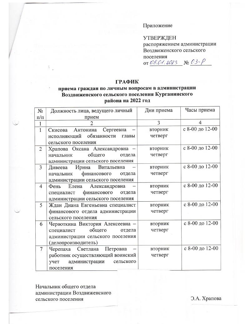 Об утверждении графика приема граждан по личным вопросам в администрации Воздвиженского сельского поселения Курганинского района на 2023 год 